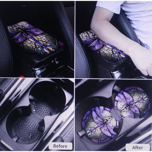 Dragonfly Console Cover & Matching Drink Holder Coasters 3 Pc Set Colorful NIP - Picture 3 of 9